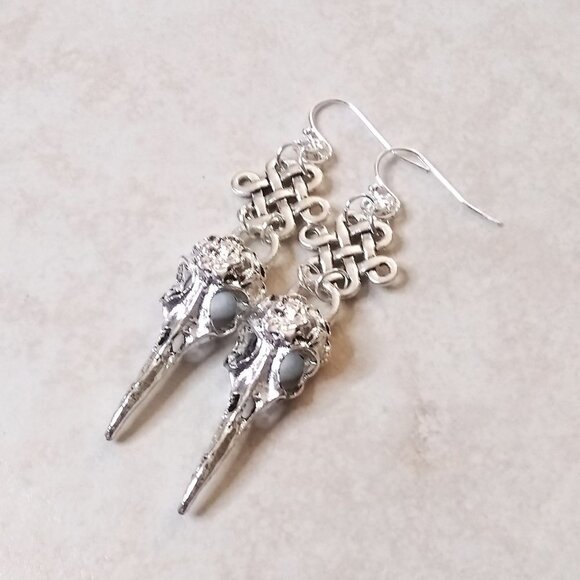 X-Long Silver Bird Skull Earrings - Goth Pagan Raven Crows Witch Wicca Occult - Picture 1 of 6